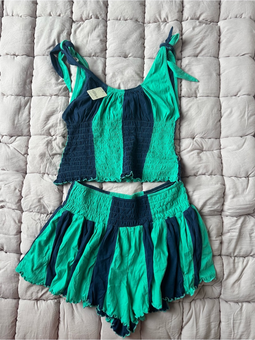 Free People Free-est Teal & Navy Striped Smocked Tank and Shorts Set size L